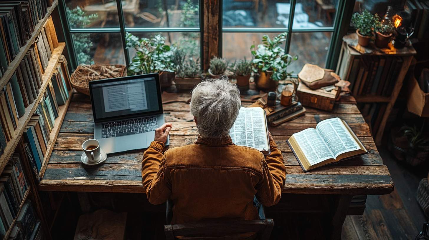 A person sitting at a rustic wooden table with an open Bible, a laptop displaying scripture commentary, representing unique perspectives on financial breakthrough