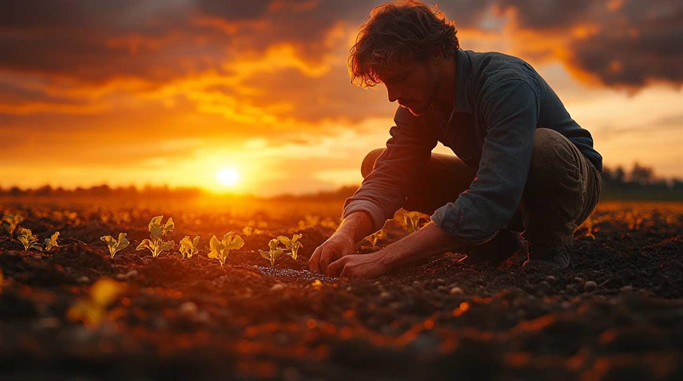 A farmer planting seeds in a lush field as the sun rises symbolizing the principle of sowing and reaping