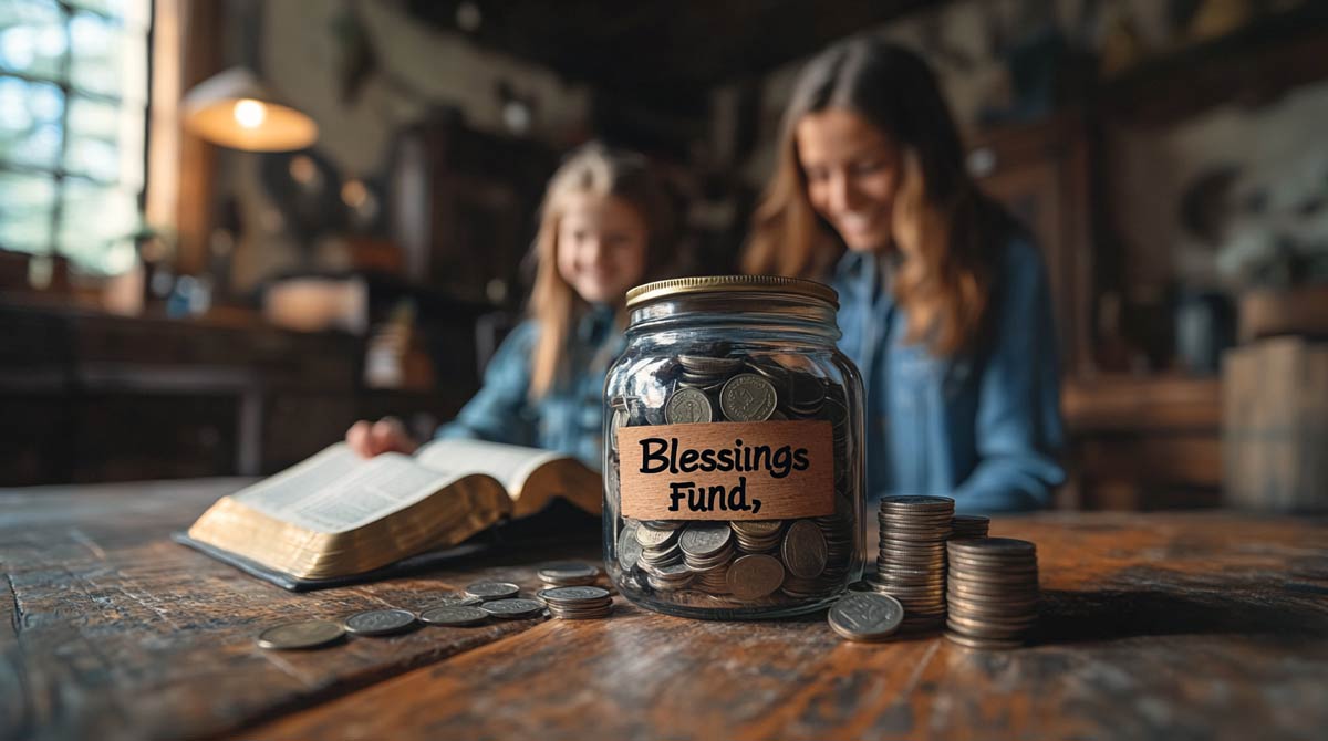 A person dropping coins into a jar labeled Blessings Fund with an open Bible and a smiling family in the background symbolizing faithful financial stewardship