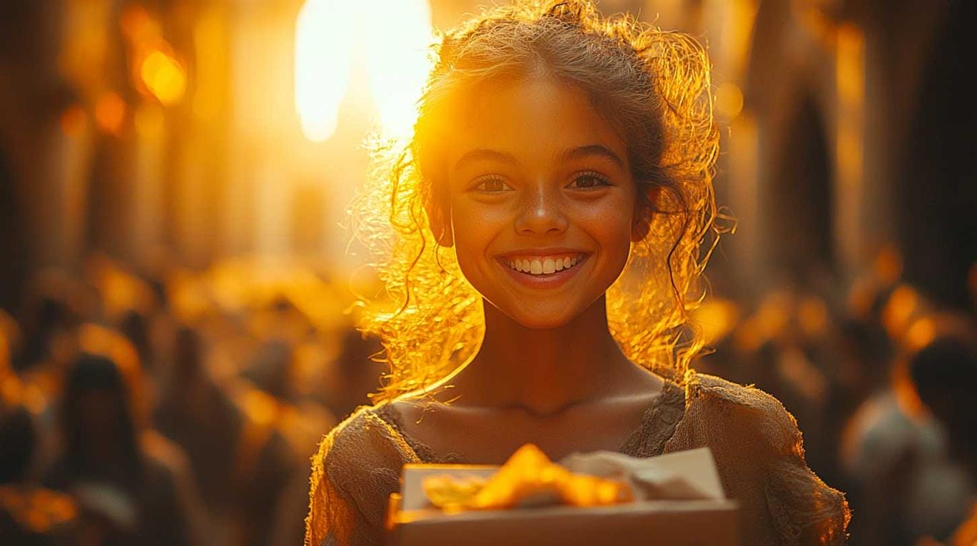 A person smiling while giving their first earnings to charity, with a church in the background, symbolizing obedience leading to blessings