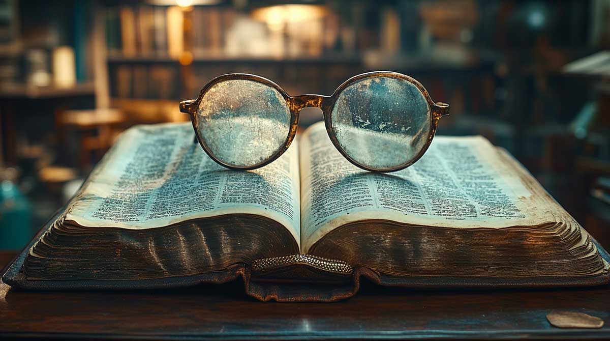 An aged Bible on a wooden desk with handwritten notes and a pair of reading glasses symbolizing years of seeking wisdom from scripture