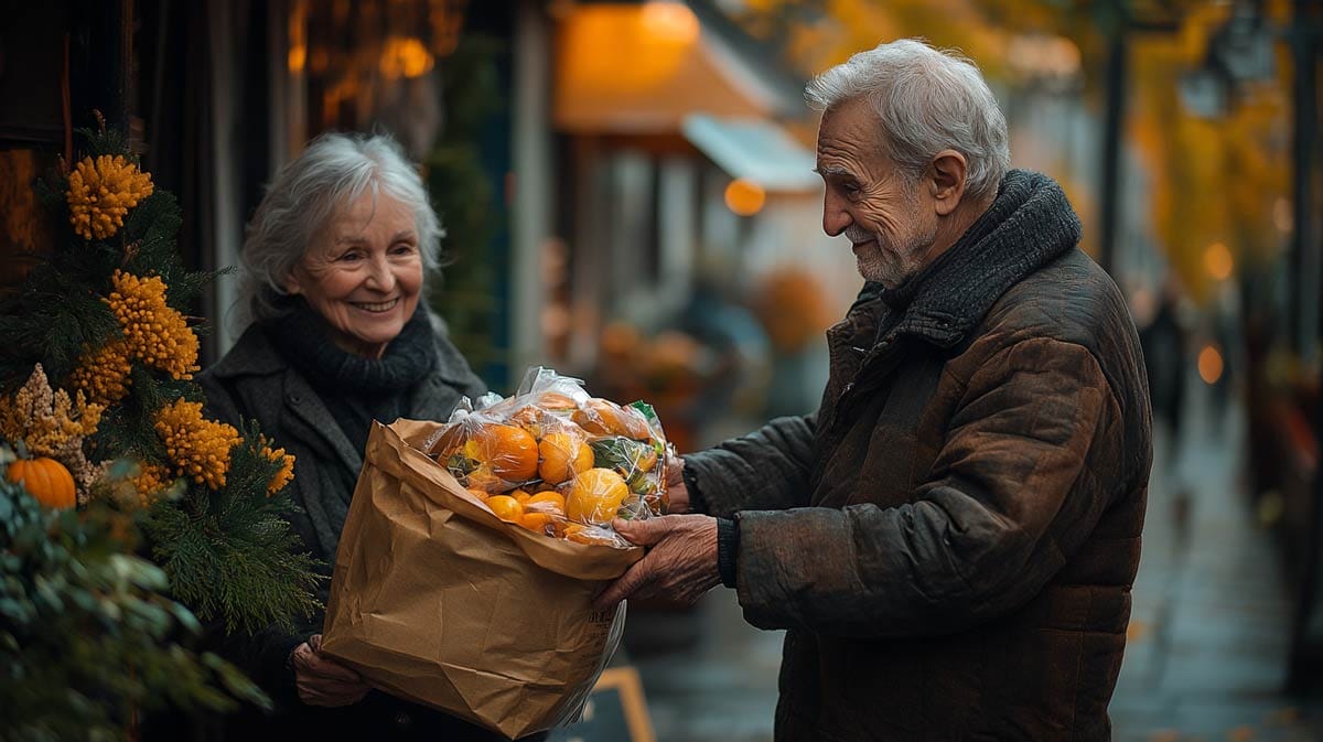 An elderly person handing a bag of groceries to a smiling neighbor at their doorstep, symbolizing generosity leading to abundance