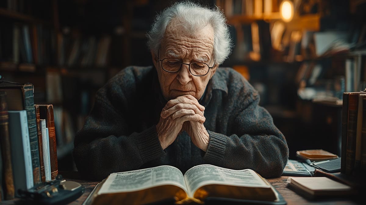 An elderly person sitting at a desk with unpaid bills and a Bible open beside them hands clasped in prayer symbolizing trust in God over money concerns